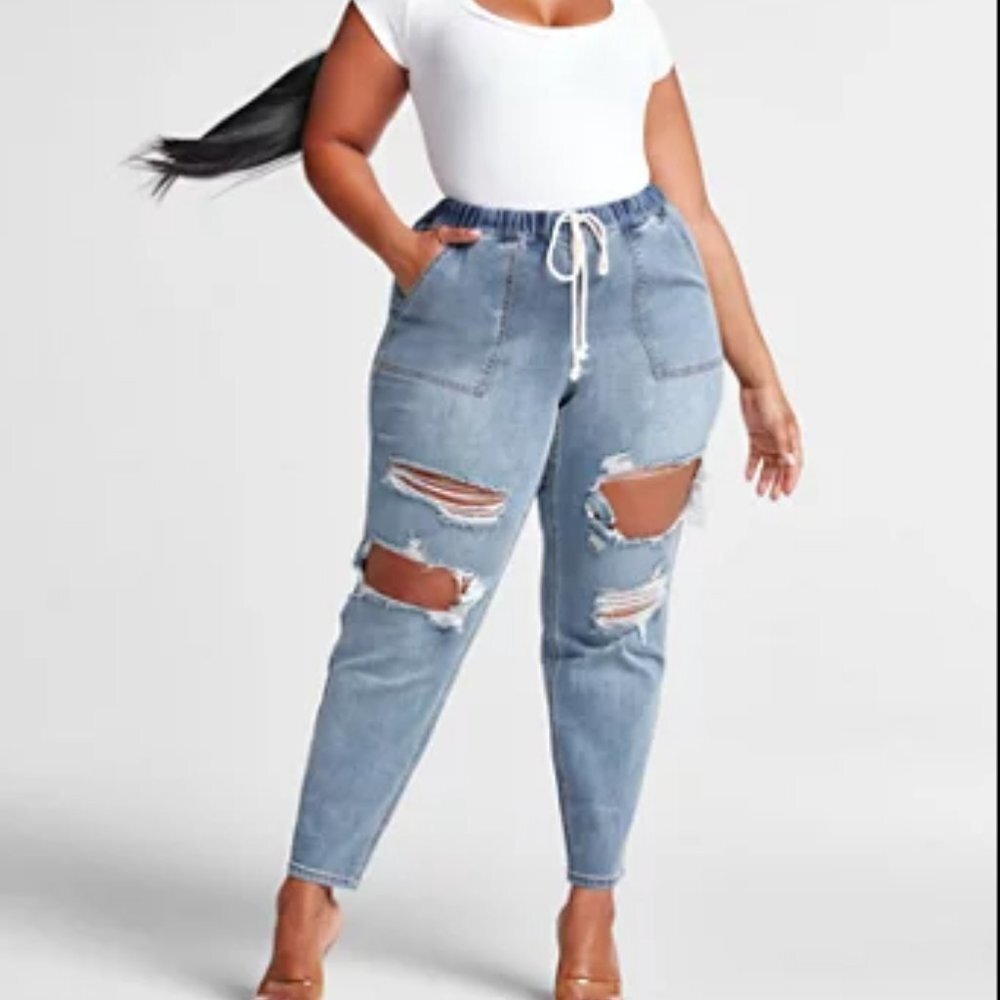 #32 FTF MID RISE TIE WAIST BOYFRIEND JEANS
